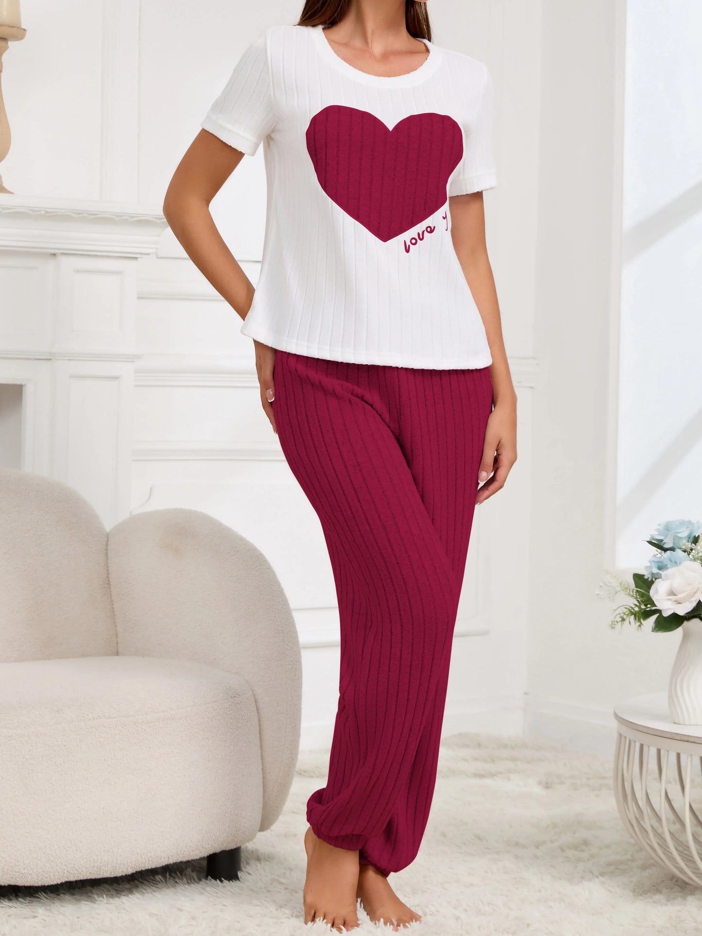 Heart pattern short sleeve shirt pyjamas