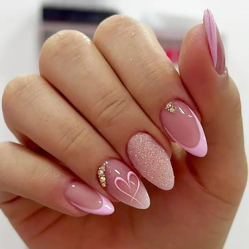 24pcs/Box Long Coffin False Nails Art Rose with Glue Wearable Jelly Nails
