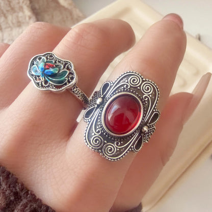 925 Sterling Silver Couple Minimalist Handmade Retro Red Big Stone Ring