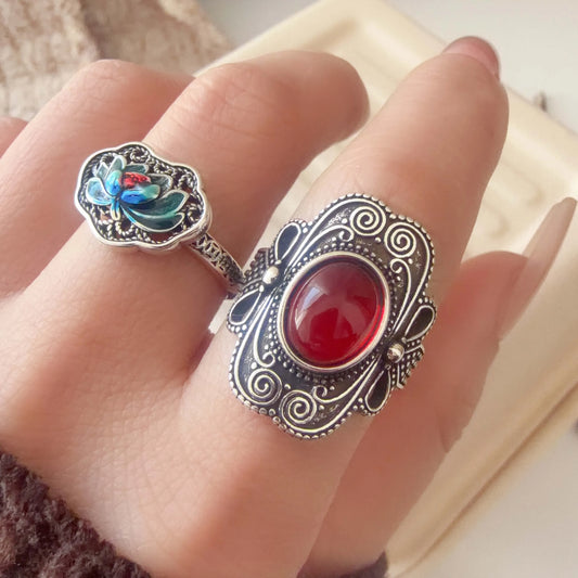 925 Sterling Silver Couple Minimalist Handmade Retro Red Big Stone Ring
