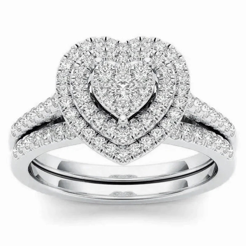 Charm Couple Romantic Heart Rhinestones CZ Rings Set