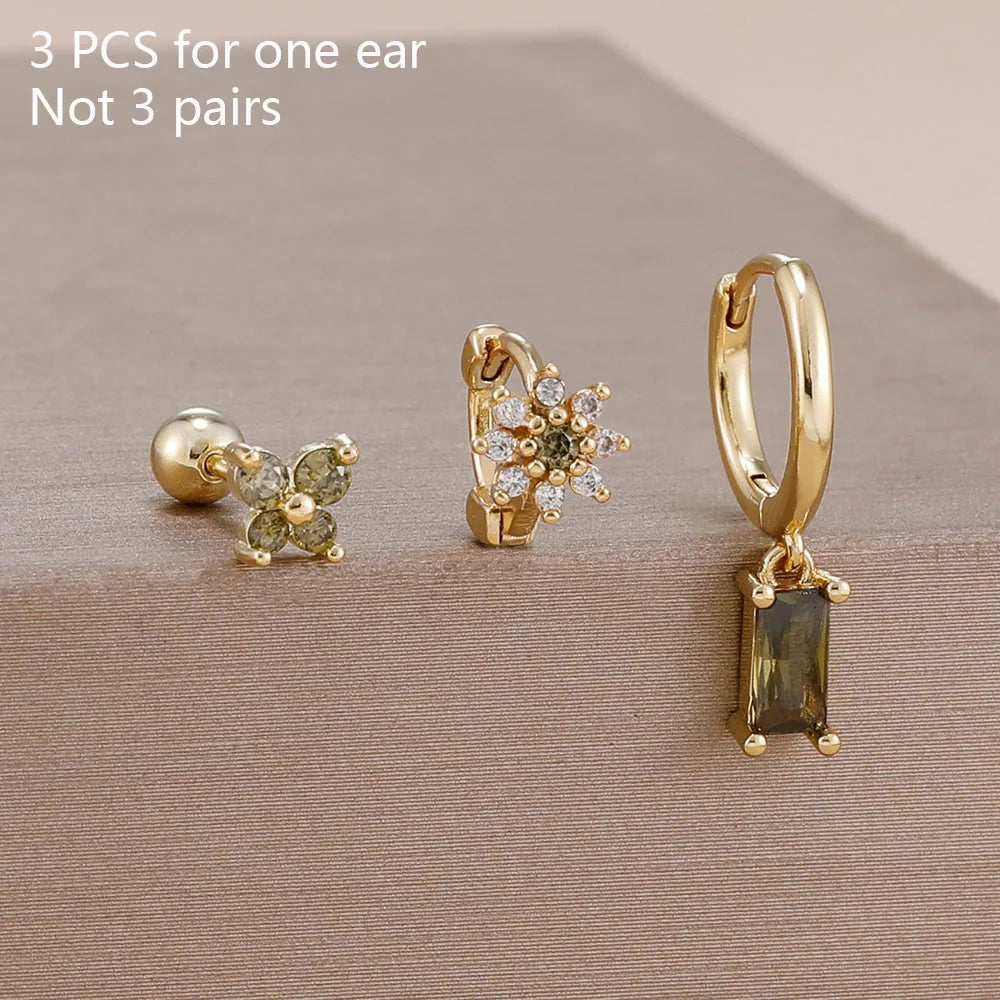 14K Gold Plated Zircon Square Hoop Stainless Steel Butterfly Stud Earring Set