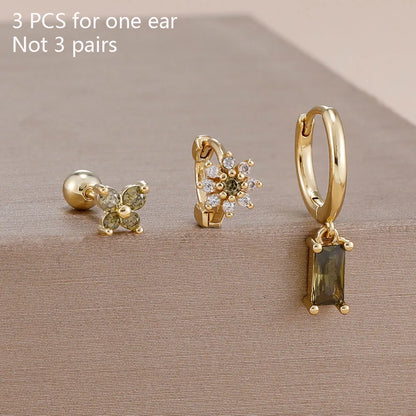 14K Gold Plated Zircon Square Hoop Stainless Steel Butterfly Stud Earring Set
