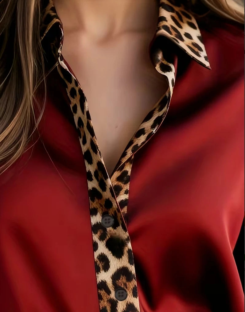 Elegant Long Sleeve Leopard Collar Shirt