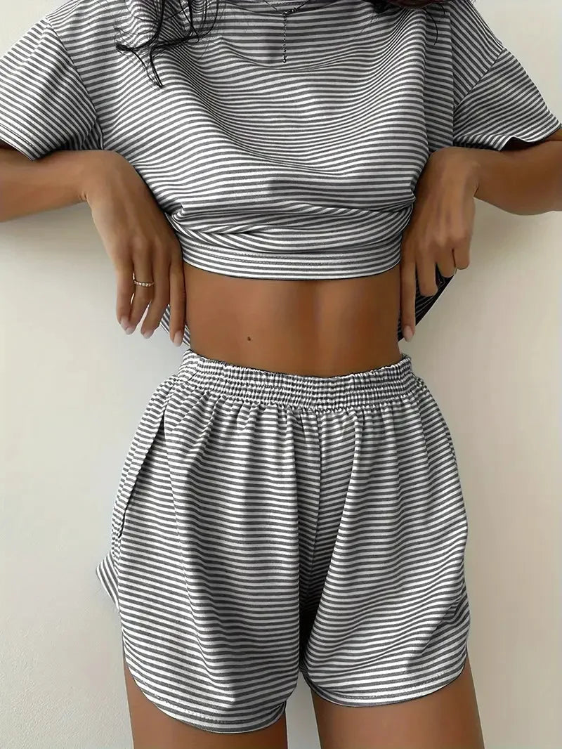 Striped Short-Sleeved T-Shirt and Shorts Home Wear Pajama