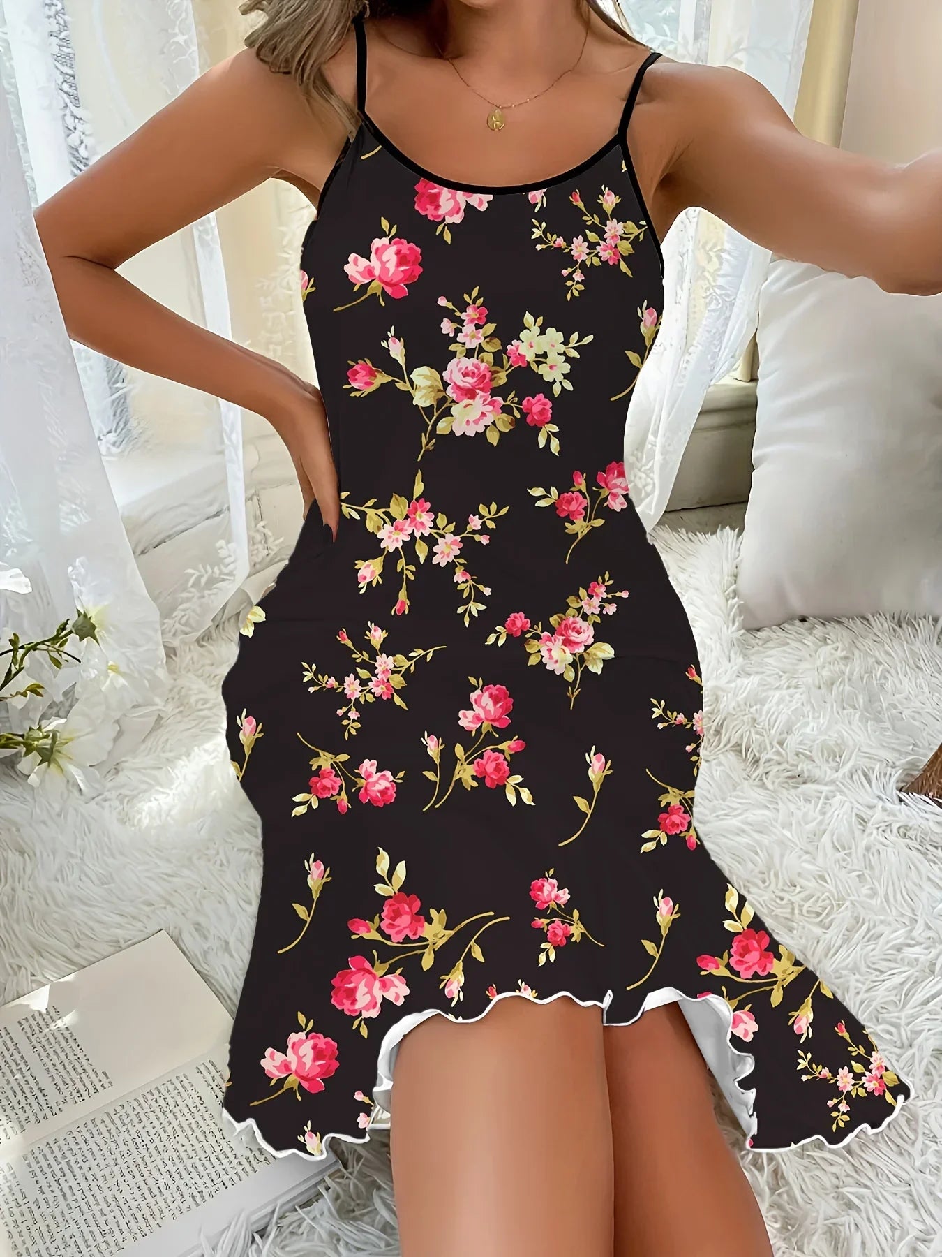 Single-Piece Casual Romantic Floral Print Nightdress