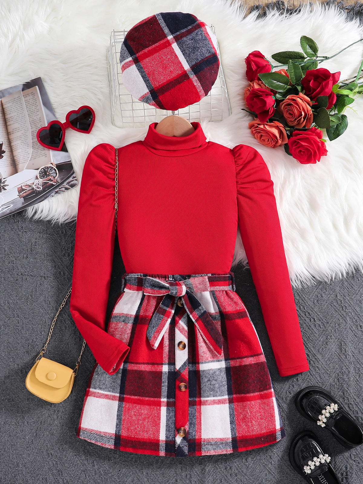 Spring and fall red high neck bubble long sleeve red plaid skirt + hat 3-piece Set