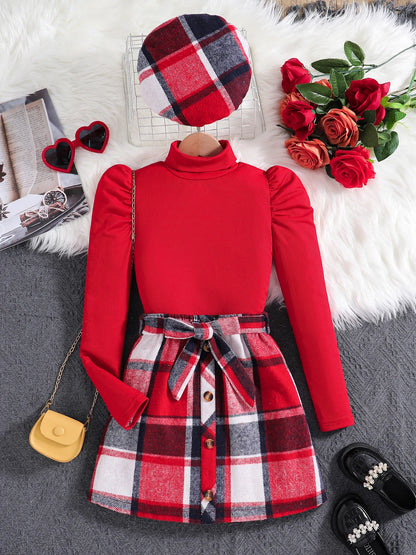 Spring and fall red high neck bubble long sleeve red plaid skirt + hat 3-piece Set