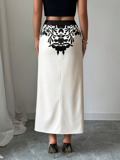 Black Floral Print Midi High Slit Casual Skirt