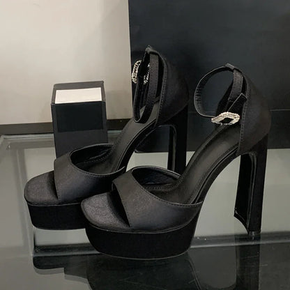 Black High Heels Silk Square Toe Shoes