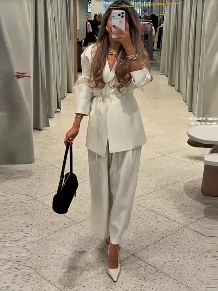 Long Sleeve Jacket High Waist Straight Trousers Casual Chic Sets