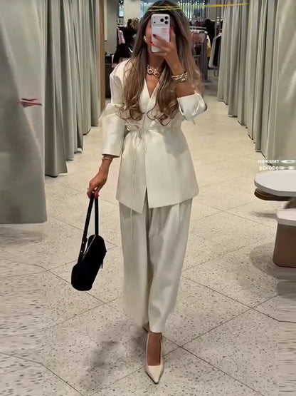 Long Sleeve Jacket High Waist Straight Trousers Casual Chic Sets