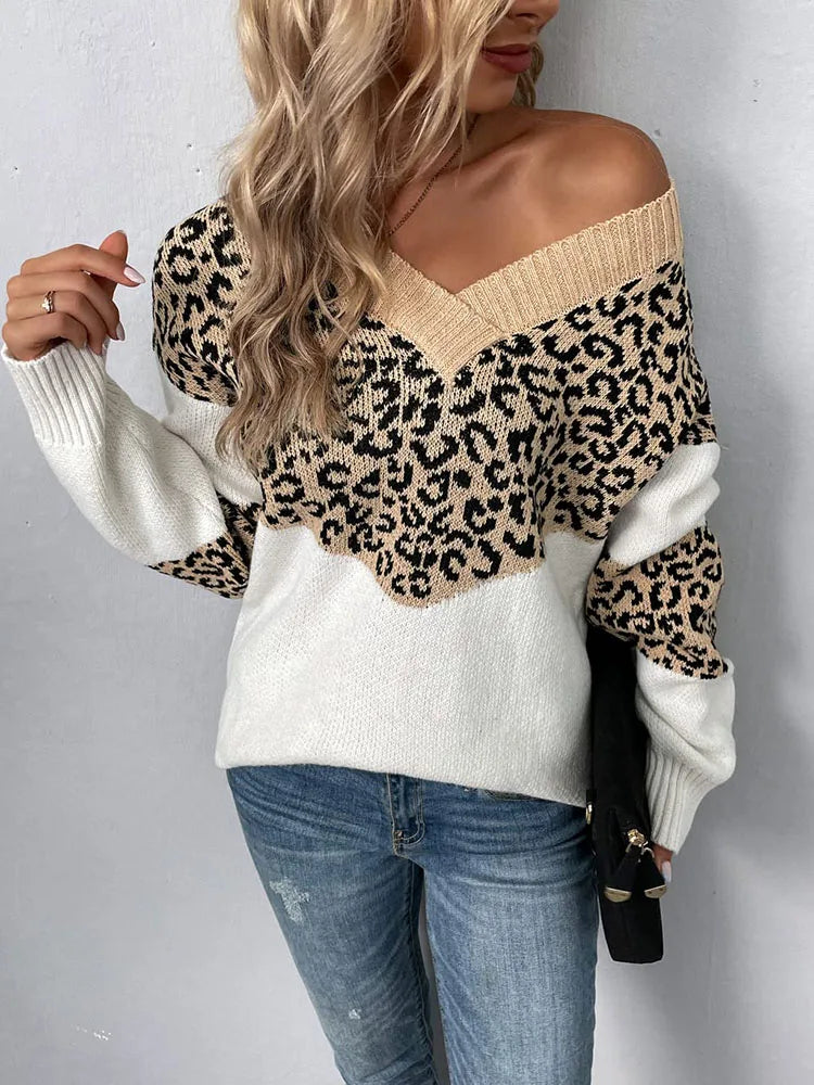 Casual Leopard V-Neck Long-Sleeved Loose Fitting Pullover Knitted Sweater Jumper