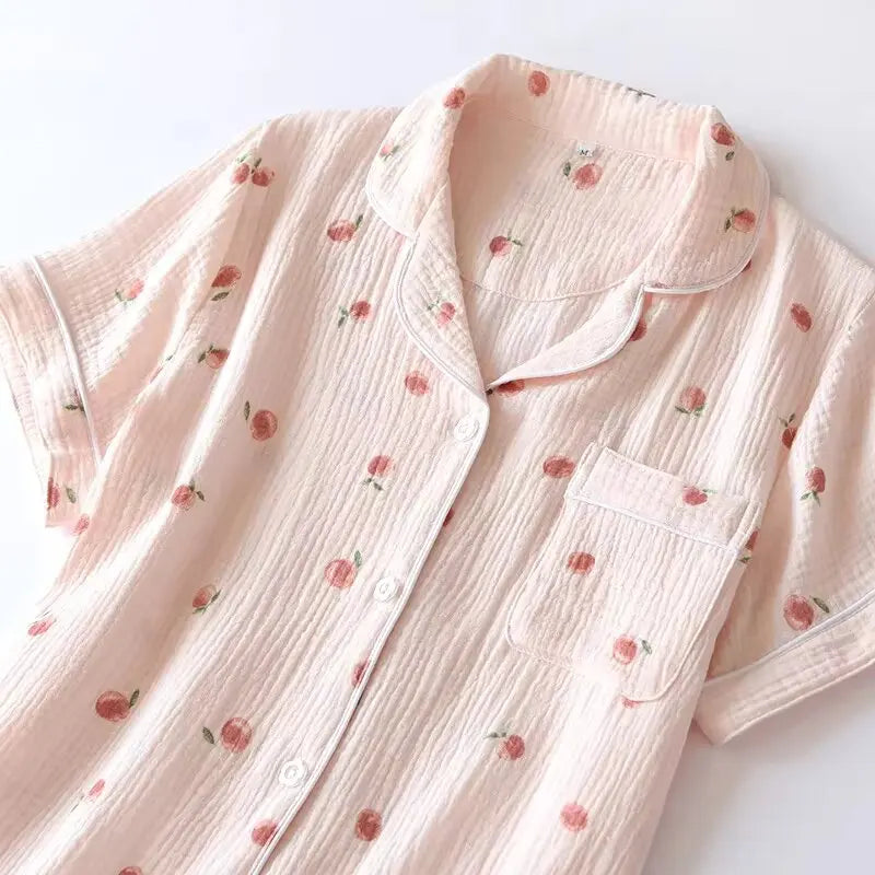 Short-sleeved 100% Cotton Crepe Cloth Thin Loose Pajama Sets