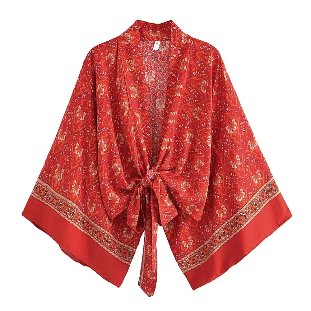 Boho Queens Red Floral Beach Kimono Short Robe Swimsuits