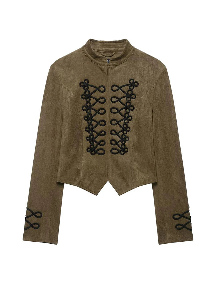 Faux Suede Stand Collar Handmade Knot Slimming Long Sleeve Short Jacket