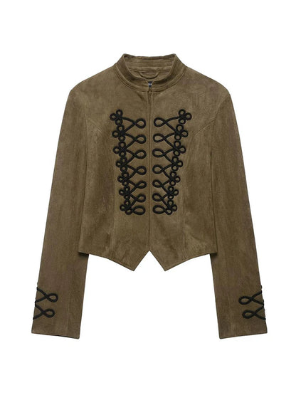 Faux Suede Stand Collar Handmade Knot Slimming Long Sleeve Short Jacket