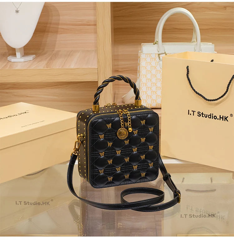 Leather bucket small square bag