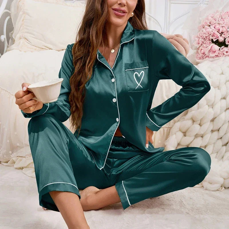 Satin Long Sleeve Pocket Heart-shaped Pyjama Set