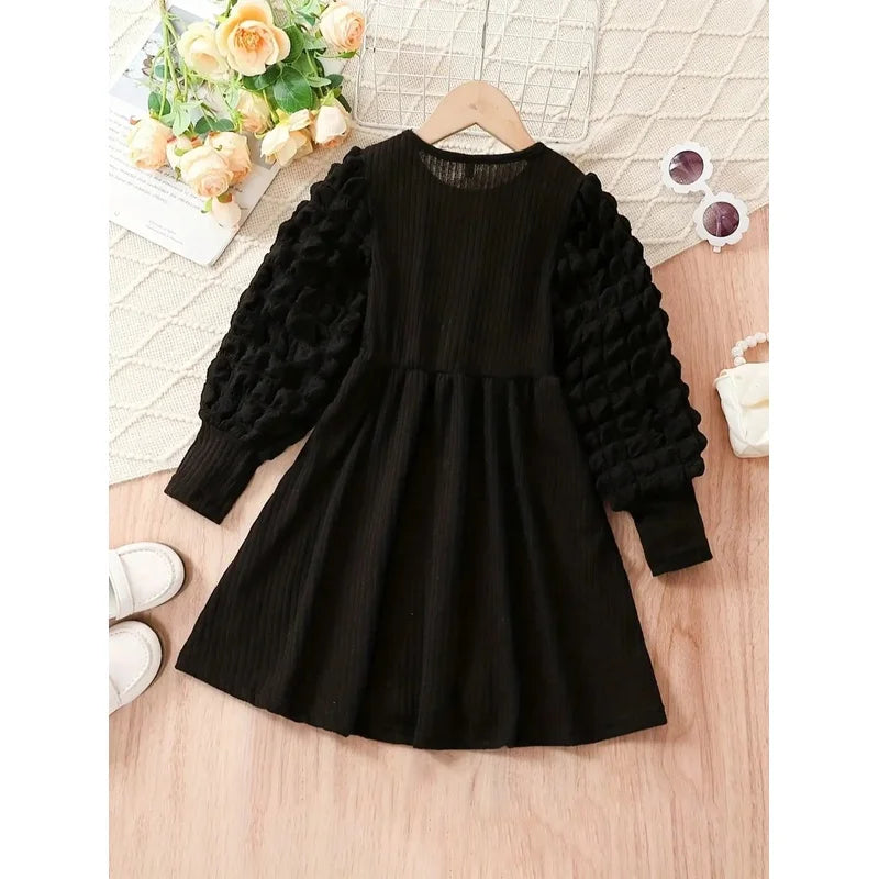 Black Corduroy round Neck Bubble Sleeves Princess Dress