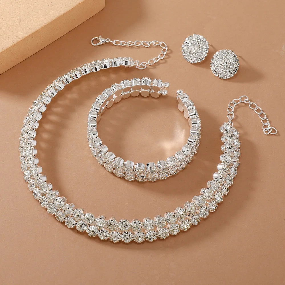 Double Layer Choker Necklace Full Rhinestone Cuff Set