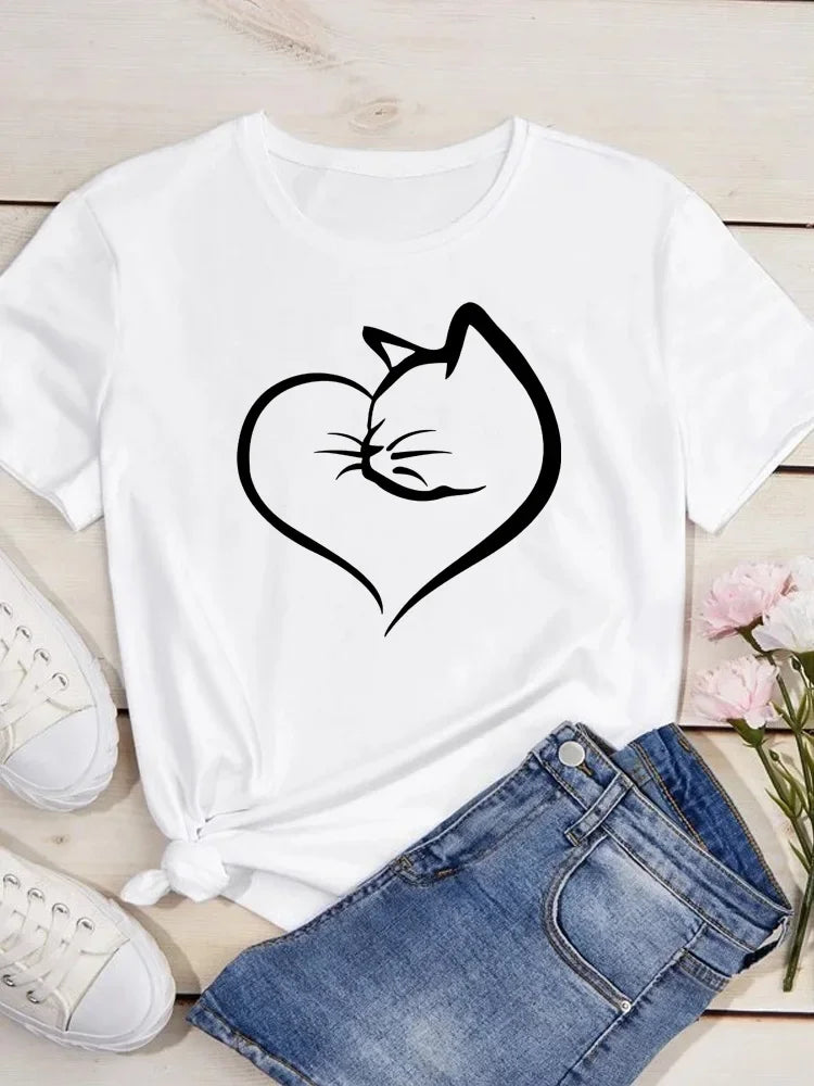 Love Heart Cat Print T-Shirt