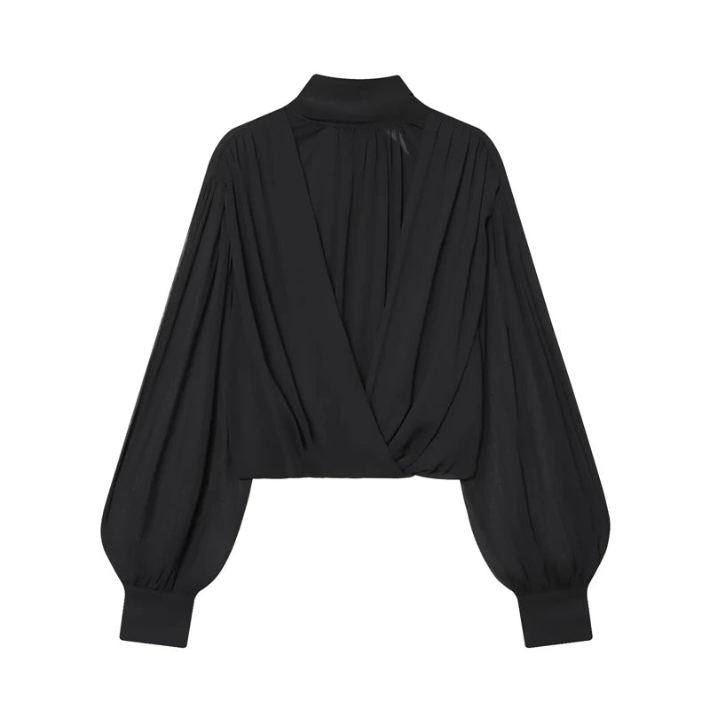 Black Bow Tie Neck Blouse Sheer Puff Sleeve Cropped Chiffon T-Shirt