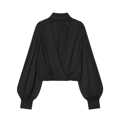 Black Bow Tie Neck Blouse Sheer Puff Sleeve Cropped Chiffon T-Shirt
