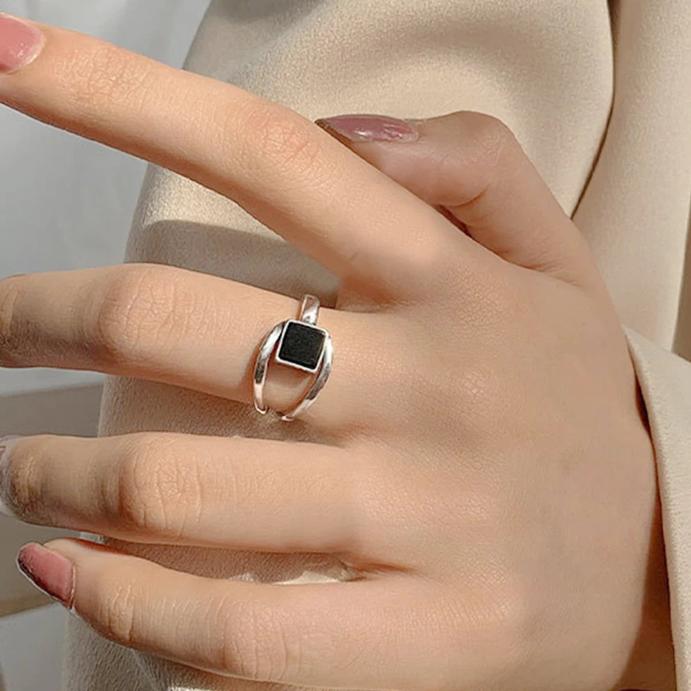 925 Sterling Silver Geometric Black Stone Rings
