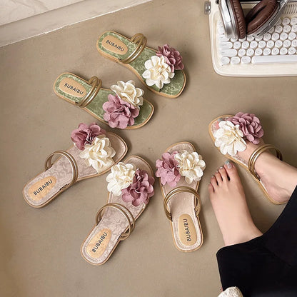 Double Flower Lightweight Flat Bottom Cool Slippers