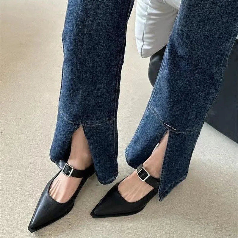 Mary Jane Belt Buckle Medium Heel Small Leather Shoes