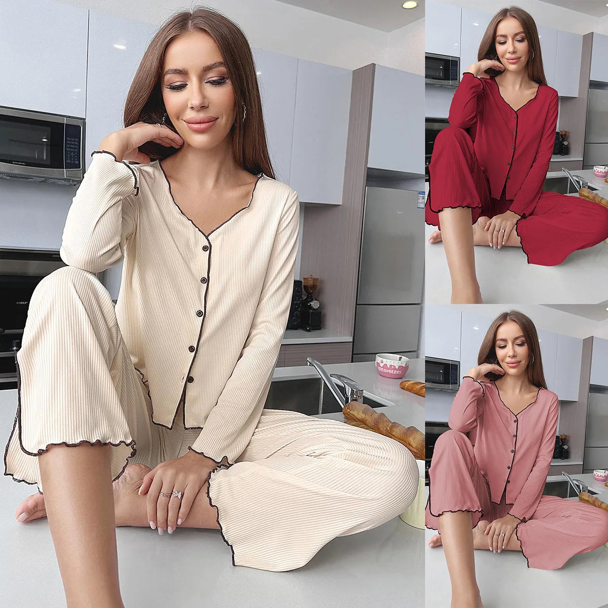 Pit strip cardigan long-sleeved loungewear Pajama Sets