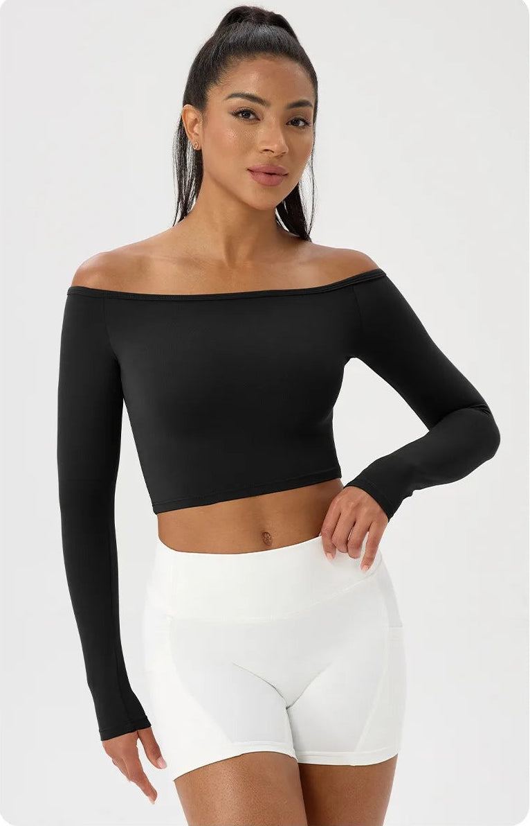 Sexy Off Shoulder Yoga Top Long Sleeve Gym Running Shirt