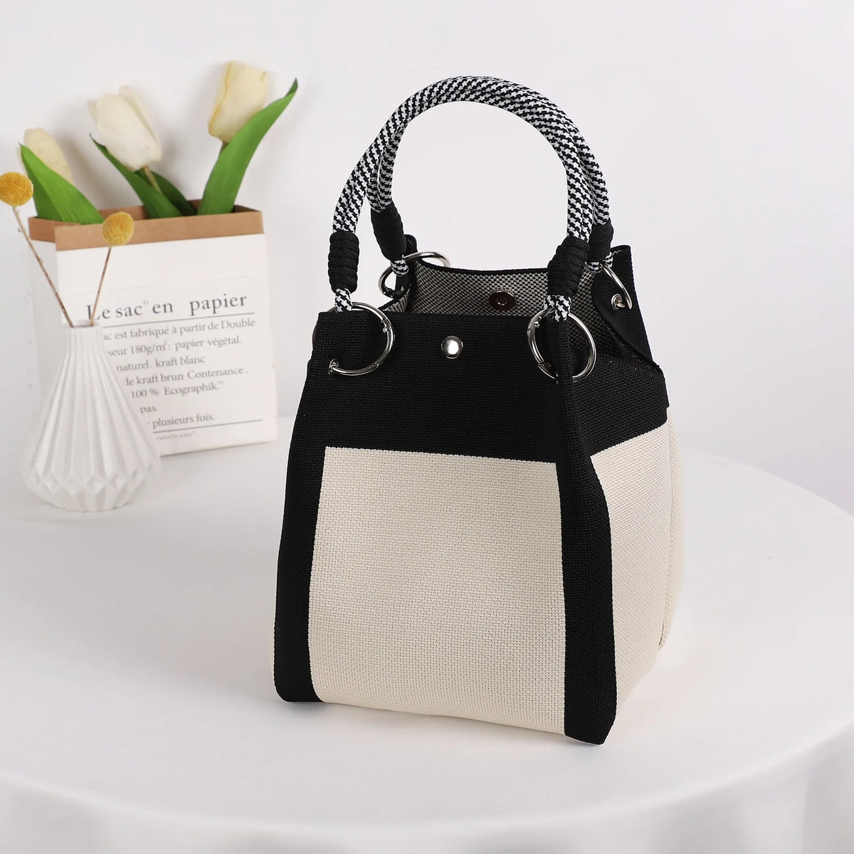 Geometric Mini Tote Black Ivory Graphic Ring Handle Korean Style Bags