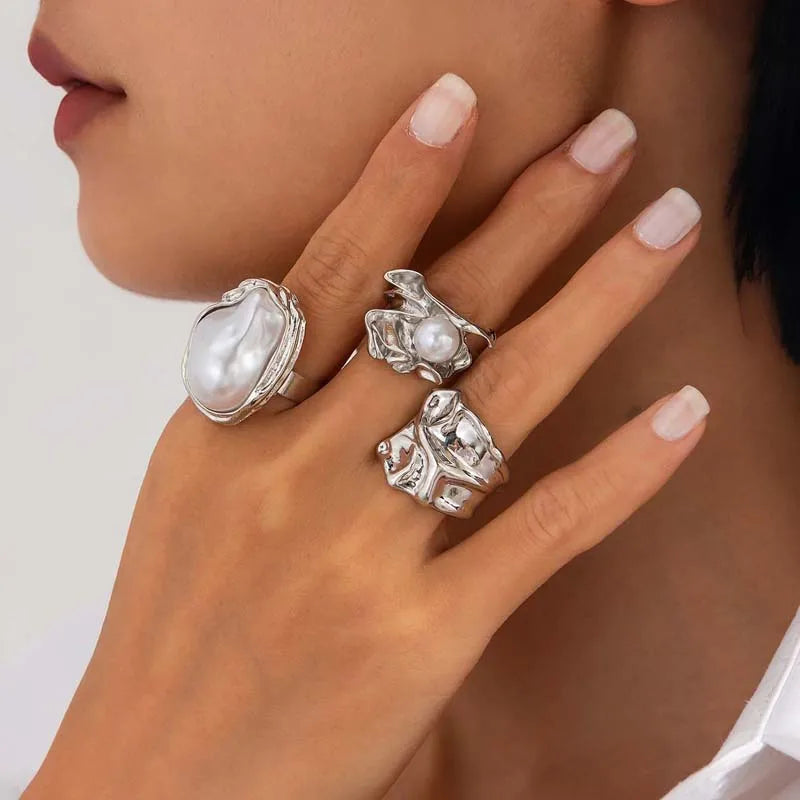6Pcs/Set Gold Color Imitation Pearl Open Ring