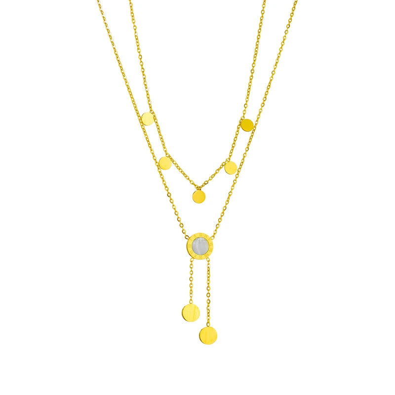 Stainless Steel Round Roman Dial Long Necklace