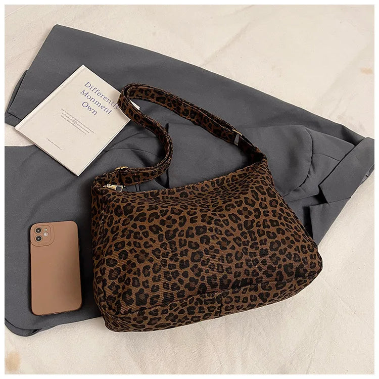 Casual Soft Textile Shoulder Bag Large Capacity Leopard Print Retro Crossbody Bag