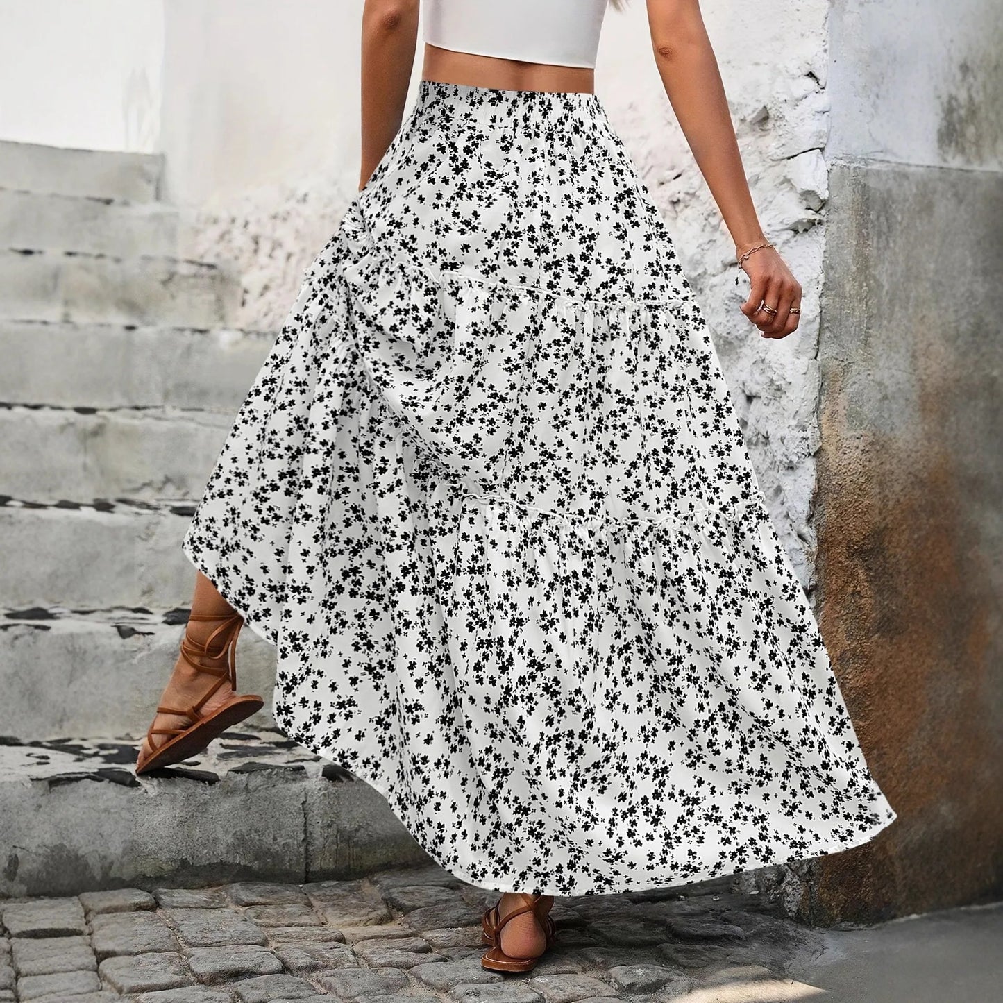 High Waist Floral Print  Maxi Skirt Long Ruffle Boho Skirt