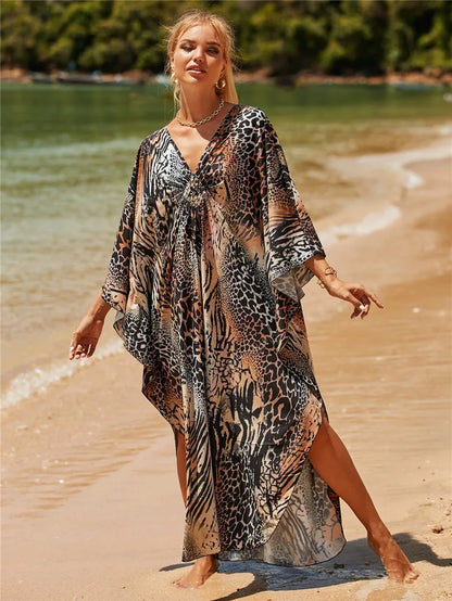 Plus Size Animal Print V-Neck Batwing Kaftan Beach Dress