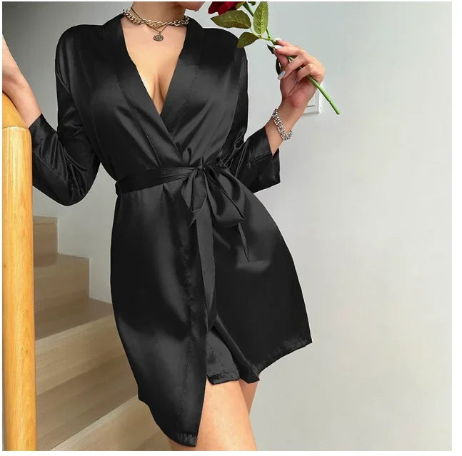 Lace-up bathrobe sexy ice silk robe