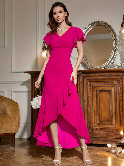 Ruffle Hem V Neck Split Elegant Short Sleeve Dress