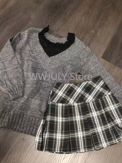 Suéter de cuello en V coqueto, manga larga, estilo pullover