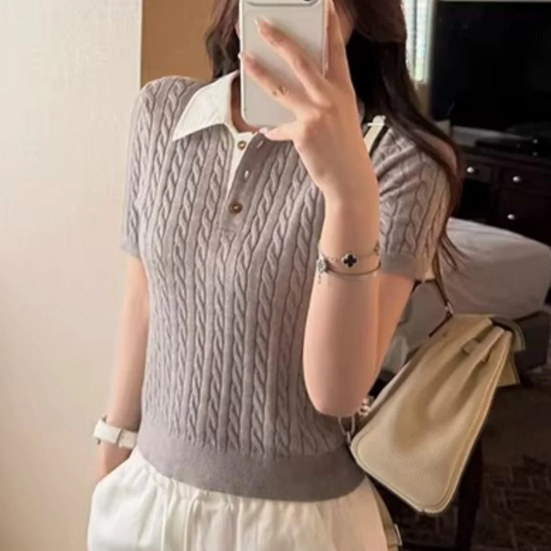 Sueter Feminino Turn Down Collar Knitted Sweater Short Sleeve Knit Pullover