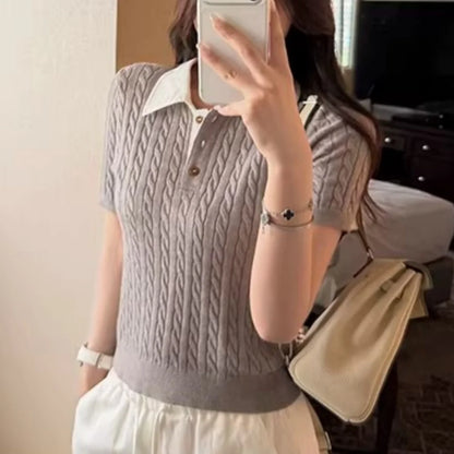 Sueter Feminino Turn Down Collar Knitted Sweater Short Sleeve Knit Pullover