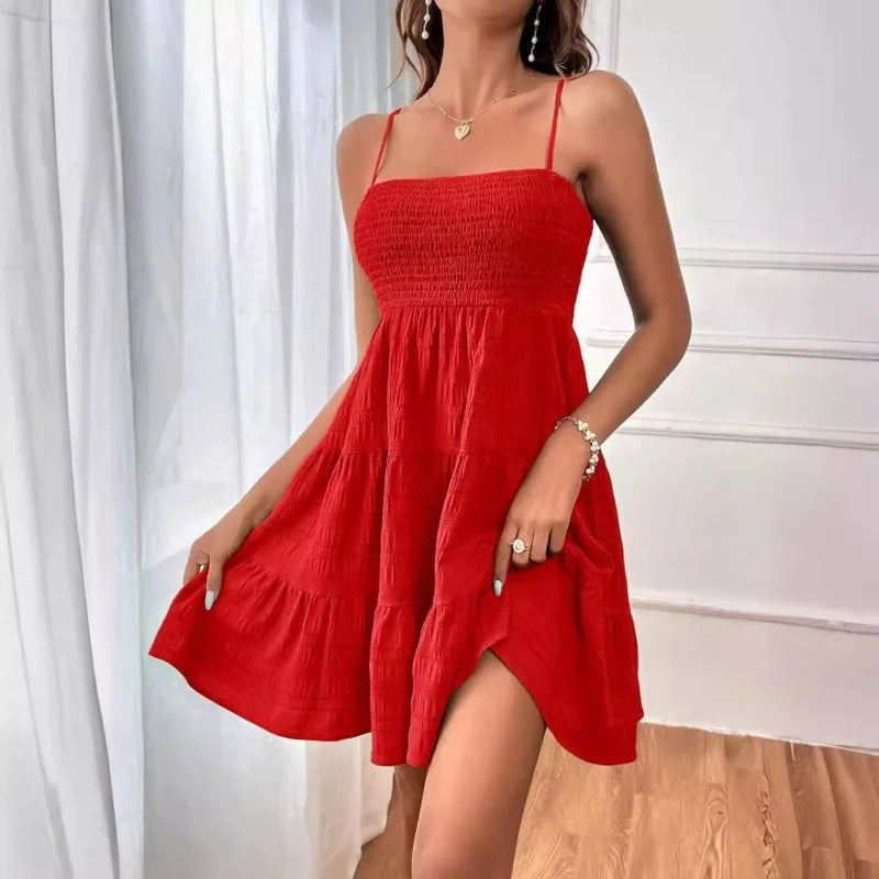 Spaghetti Strap Smocked Bustier Mini Swing Dress