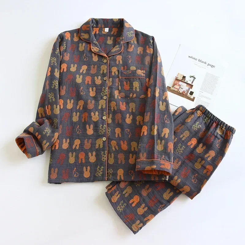 Suit Long-sleeved Trousers 100% Cotton Crepe Flower Leaves Pajama Sets