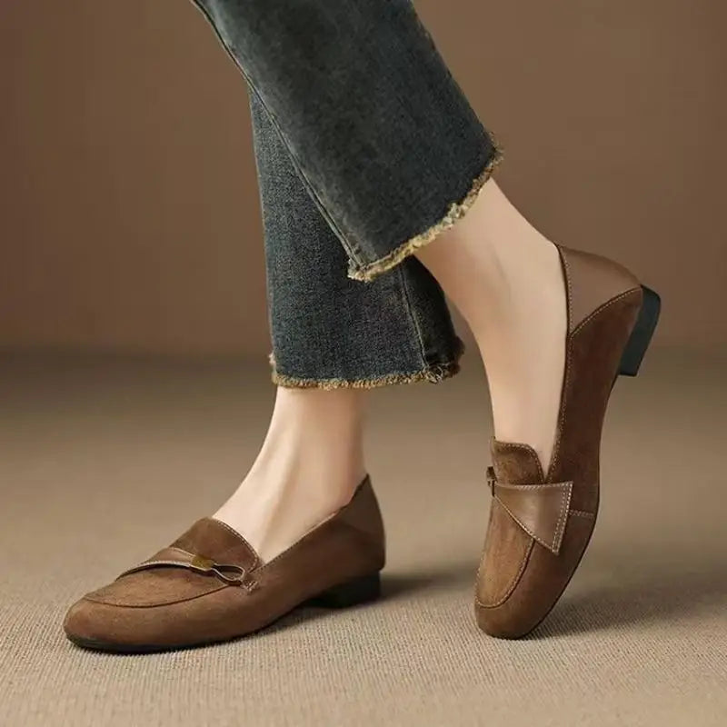 British Style Suede Square Toe Loafers Metal Decor Low Heel Pumps Shoes