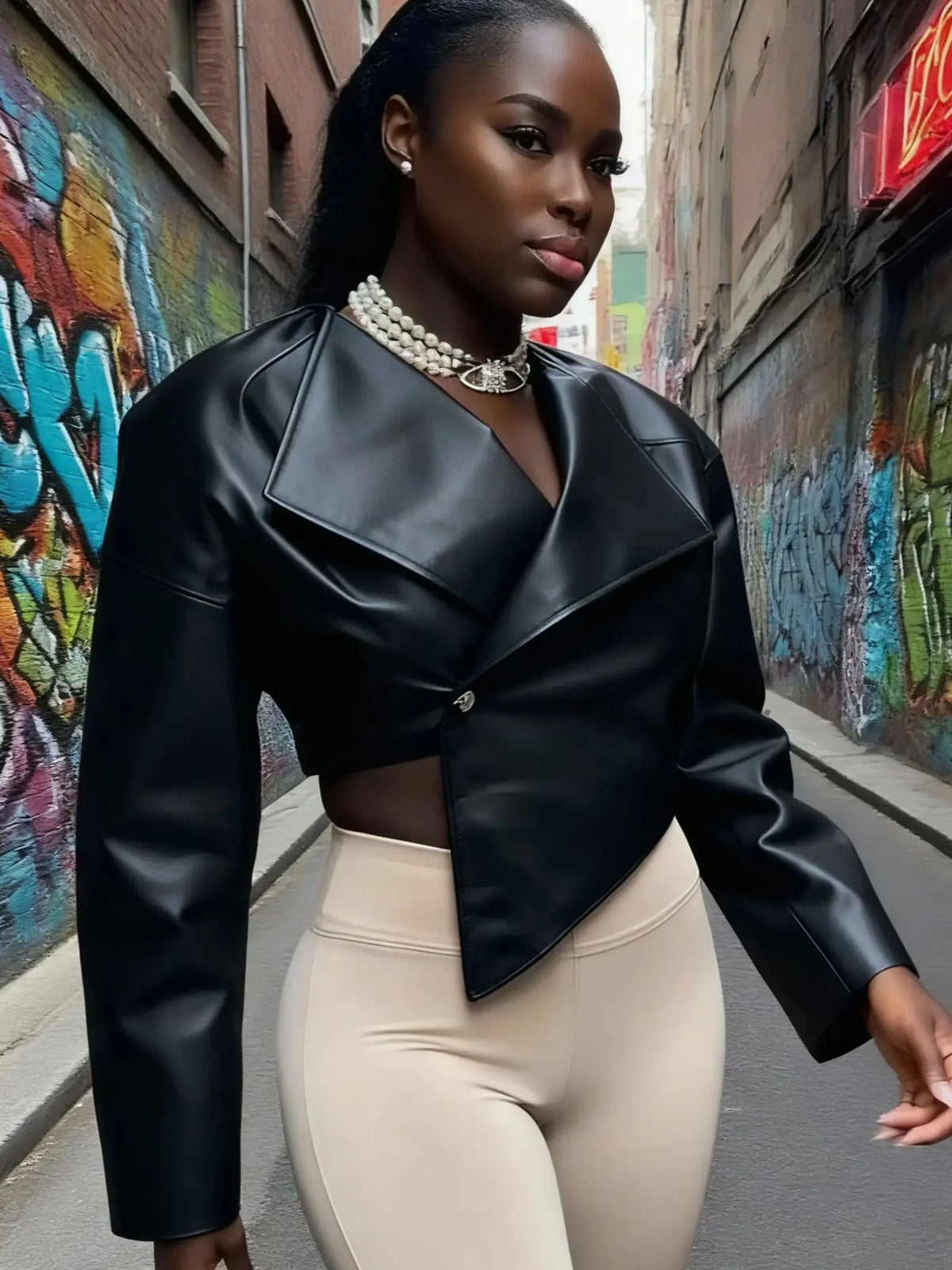 Faux Leather Single Button Crop Cross Neck Full Sleeve Wild Jacket