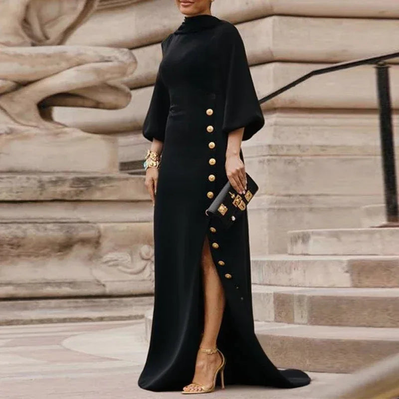 Slit Maxi Gold Button Black Long Dress