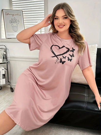Plus Size Short Sleeve Sleep Dress Heart & Butterfly Print Soft